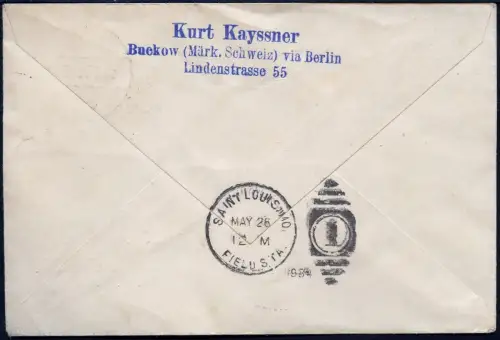 Katapult 1934 Dt. Reich Brief Landpost Buckow St. Louis Catapult H 153 a / 1205