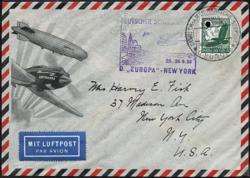 Katapult 1934 Dt. Reich Brief Seepostaufgabe Europa NY Catapult H 215 b / 1208