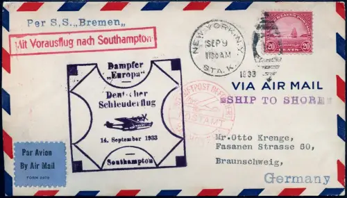 Katapult 1933 USA Brief New York Landpost Deutschland Catapult H 142 a / 1117