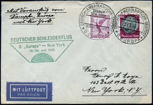 Katapult 1933 Dt. Reich Brief Seepost Europa New York Catapult H 129 b / 1188