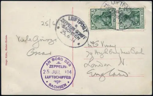 Zeppelin 1914 Dt. Reich LZ 17 Sachsen Foto-AK Beide Stempel England Si 8 a/ 2197