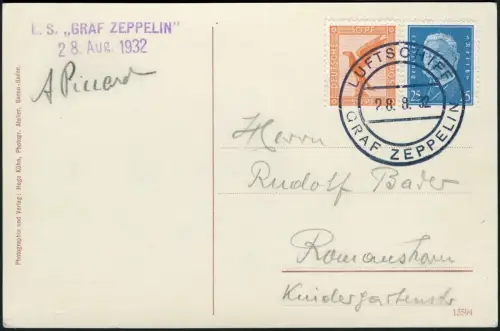 Zeppelin Dt. Reich 1932 Goethefahrt Bordpost Prof. A. Piccard Si 170 VIII / 1041