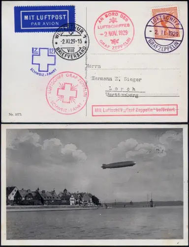 Zeppelin Dt. Reich 1929 Zürich Dübendorf AK Abwurf Winterthur Si 45 c / 1789 RAR