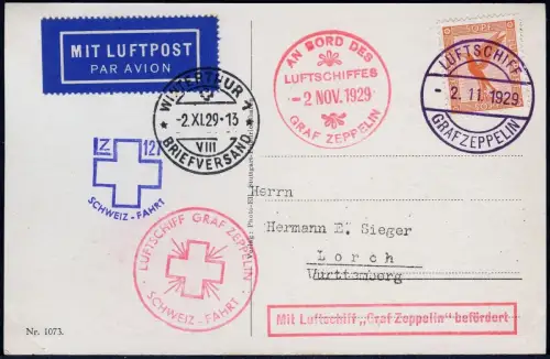 Zeppelin Dt. Reich 1929 Zürich Dübendorf AK Abwurf Winterthur Si 45 c / 1789 RAR
