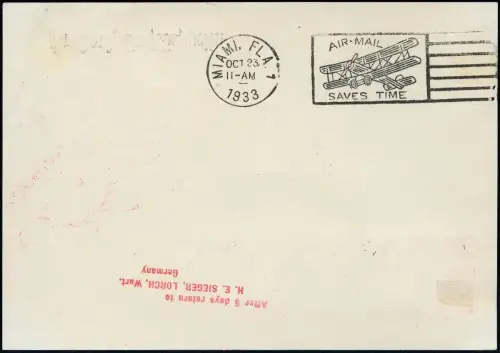 Zeppelin Dt. Reich 1933 Chicagofahrt Bordpost Etappe Recife Miami Si 238 p/ 1390