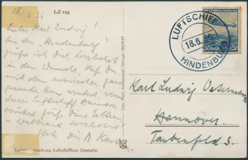 Zeppelin Dt. Reich 1936 Rundfahrt Frankfurt HH Bord/Passagierpost Si 416 B/ 1664