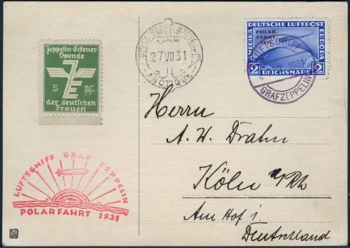 Zeppelin 1931 Dt. Reich Polarfahrt Bordpost 27.7. Vignette Köln Si 119 C / 2207