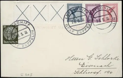 Zeppelin Dt. Reich 1933 VDI Rundfahrt Bordpost W 21.3 Eisenach Si 0206 II/1557