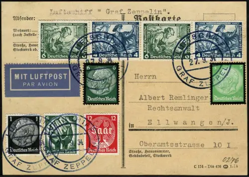 Zeppelin Dt. Reich 1934 Kurzfahrt Schweiz Bordpost Top-Frankatur Si 0276 / 1617