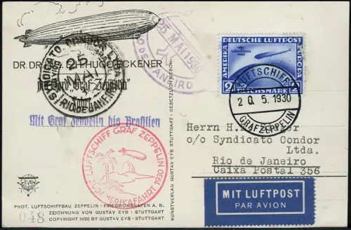 Zeppelin Dt. Reich 1930 SAF Bordpost 20.5.30 2 RM Rio de Janeiro Si 57 c / 1806