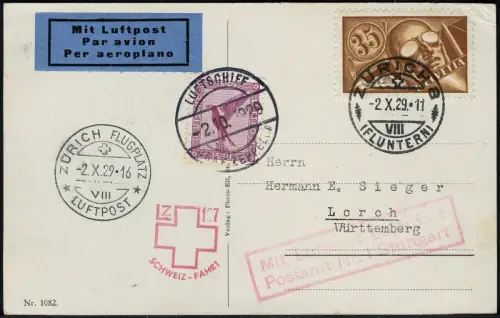 Zeppelin Dt. Reich 1929 Schweizfahrt MiF DR/Schweiz Abwurf Zürich Si 39 a / 1782