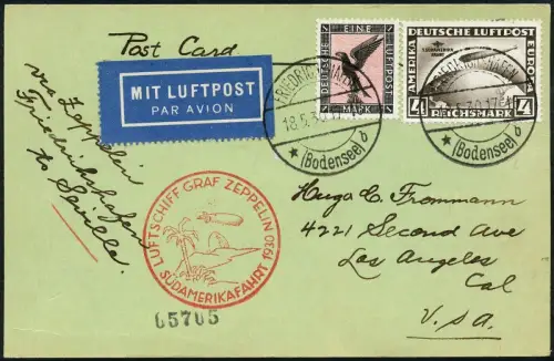 Zeppelin Dt. Reich 1930 SAF Karte Friedrichshafen Sevilla USA 5 RM Si 57 I /1498