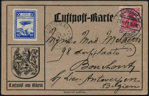 Zeppelin 1913 Dt. Reich Flugpost Rhein Karte 10 Pf Bouchout Belgien Si 17 a/2164
