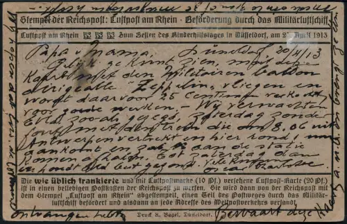 Zeppelin 1913 Dt. Reich Flugpost Rhein Karte 10 Pf Bouchout Belgien Si 17 a/2164