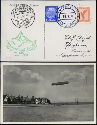 Zeppelin Dt. Reich 1933 Schweizfahrt Bordpost Übergabe F´hafen Si 222 B / 1864