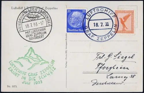 Zeppelin Dt. Reich 1933 Schweizfahrt Bordpost Übergabe F´hafen Si 222 B / 1864