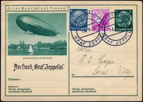 Zeppelin Dt. Reich 1934 Kurzfahrt Bordpost 14.9. Ganzsache ZuF Si 0273 / 1616