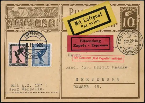 Zeppelin 1929 Dt. Reich Fahrt nach Zürich Express Ganzsache Schweiz Si 45 / 2186