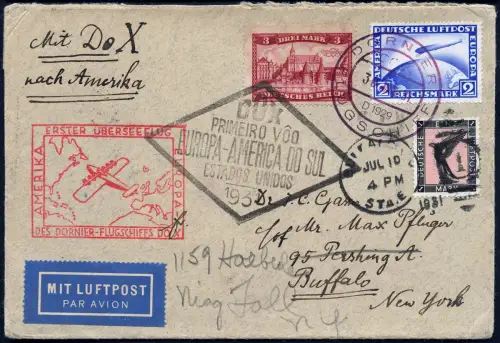 DO-X 1931 Dt. Reich Bordpost Brief MiF Zeppelin Buffalo USA 24 c DOX / 1132