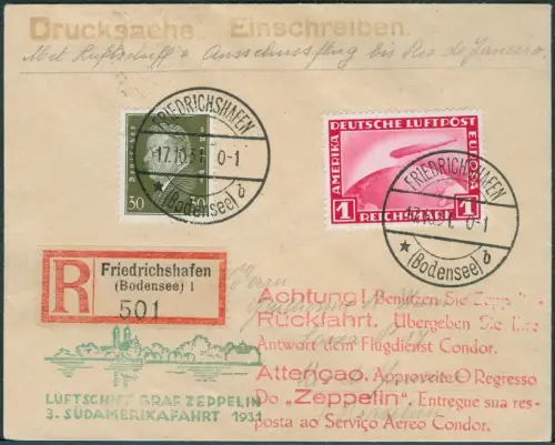 Zeppelin Dt. Reich 1931 3. SAF Reko-Drucksache F`hafen Rio 133 o / 1570