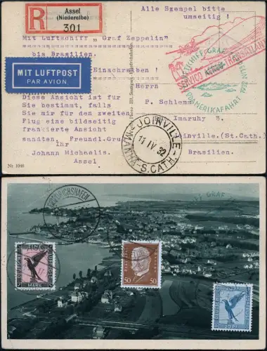 Zeppelin Dt. Reich 1932 2. SAF Reko-Karte Assel Joinville Si 143 Aa / 1571