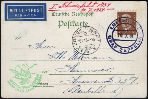 Zeppelin 1934 Dt. Reich Schweizfahrt Bordpost Litho-Ansichtskarte Si 259 Ab/2249