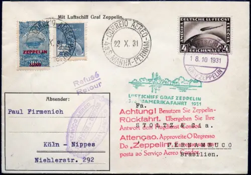 Zeppelin 1931 Dt. Reich 3. SAF Hin- und Rückfahrt MiF Brasilien Si 133 D / 2380