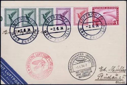 Zeppelin Dt. Reich 1934 1. SAF Bordpost Rückfahrt 2.6.34 MiF Si 247 Ab / 1619