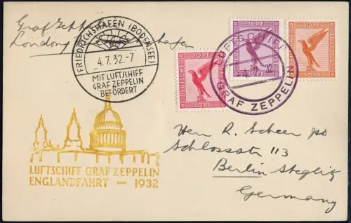 Zeppelin 1932 Dt. Reich Englandfahrt Bordpost Rückfahrt Karte Si 168 B / 2389