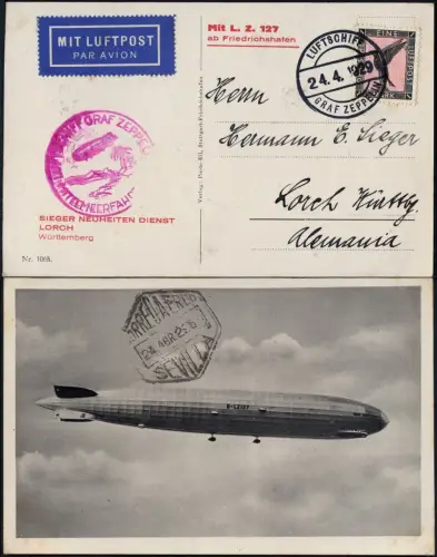 Zeppelin Dt. Reich 1929 Mittelmeerfahrt Bordpost 24.4.29 Sevilla Si 24 B / 1772