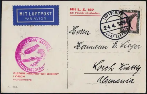 Zeppelin Dt. Reich 1929 Mittelmeerfahrt Bordpost 24.4.29 Sevilla Si 24 B / 1772