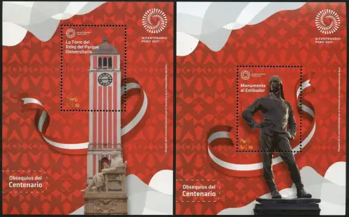 Peru 2021 Blocks Unabhängigkeit Denkmal Flaggen Geschichte Uhrturm MNH