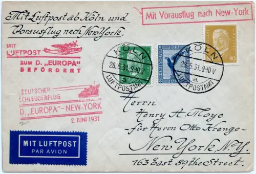 Katapult 1931 Dt. Reich Brief Seepost Nachbringeflug NY Catapult H 45 c / 1149