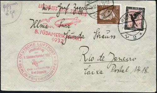 Zeppelin Dt. Reich 1932 8. SAF Zuleitung Berlin Rio de Janeiro Si 189 B / 1388