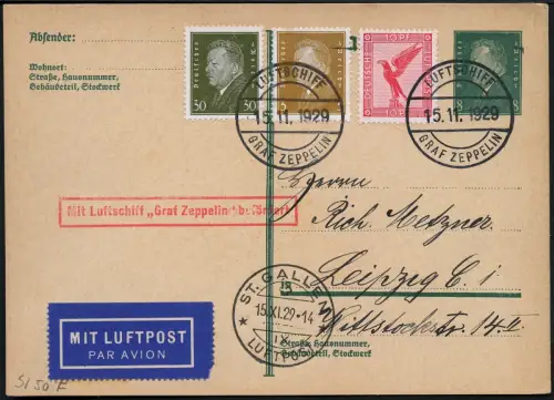 Zeppelin Dt. Reich 1929 Bodensee Schweiz Bordpost St. Gallen Si 50 A / 1532