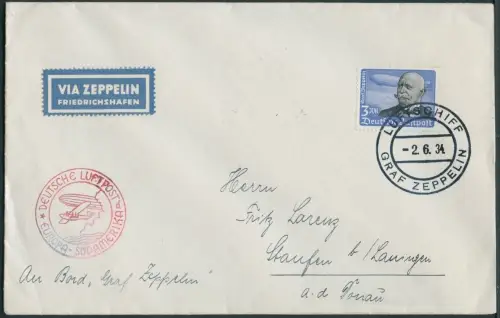 Zeppelin Dt. Reich 1934 1. SAF Bordpost Rückfahrt EF 3 RM Staufen Si 247 D/ 1871