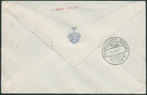 Zeppelin Dt. Reich 1934 1. SAF Bordpost Rückfahrt EF 3 RM Staufen Si 247 D/ 1871