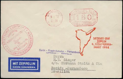 Zeppelin Dt. Reich 1932 4. SAF Anschlussflug Freistempel Berlin Si 157 C / 1572