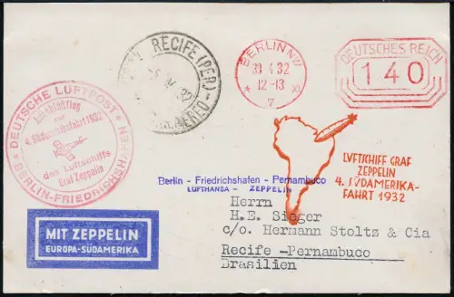 Zeppelin Dt. Reich 1932 4. SAF Anschlussflug Freistempel Berlin Si 157 C / 1834