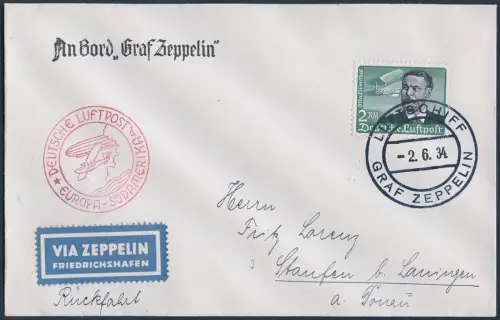 Zeppelin Dt. Reich 1934 1. SAF Bordpost Rückfahrt EF 2 RM Staufen Si 247 D/ 1870