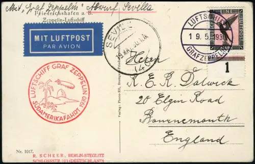 Zeppelin Dt. Reich 1930 Südamerikafahrt EF 1 RM Rand Nr. Sevilla GB Si 57 A/1021