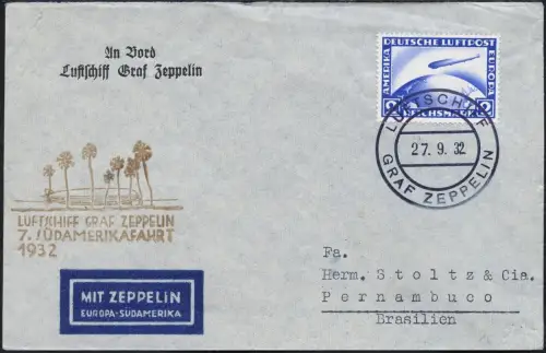 Zeppelin 1932 Dt. Reich 7. SAF Bordpost 27.9.32 Brasilien Brief Si 183 Ab/ 2391