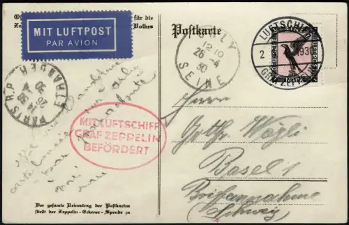 Zeppelin Dt. Reich 1930 PK Englandfahrt Abwurf Orly Paris Basel Si 55 c / 1015