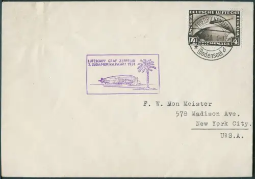 Zeppelin Dt. Reich 1931 2. SAF Friedrichshafen Recife New York 129 Ba / 1569