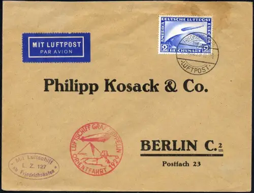 Zeppelin 1929 Dt. Reich Orientfahrt Ziegelrot Brief 2 RM Berlin Si 23 II A/ 2293