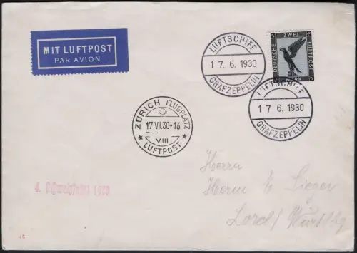 Zeppelin Dt. Reich 1930 4. Schweizfahrt/Bordpost Brief EF 2 RM Si 66 B / 1543