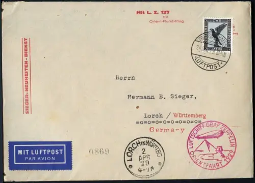 Zeppelin Dt. Reich 1929 Orientfahrt Type I Brief 2 RM EF Lorch Si 23 IA / 1771