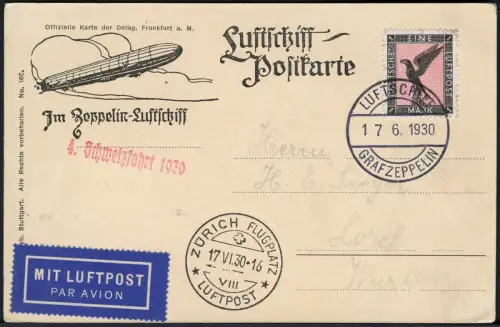 Zeppelin Dt. Reich 1930 4. Schweizfahrt Delag-Postkarte Bordpost Si 66 B / 1542
