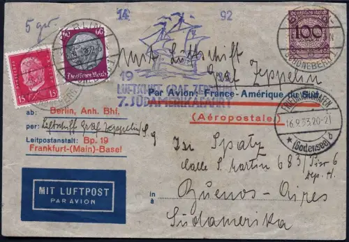 Zeppelin 1933 Dt. Reich 7. SAF Brief Berlin F`hafen Argentinien Si 232 Aa / 2059