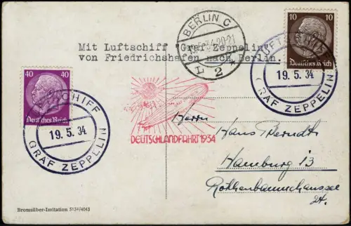 Zeppelin Dt. Reich 1934 Deutschlandfahrt Bordpost Berlin Hamburg Si 246 Ab/ 1613